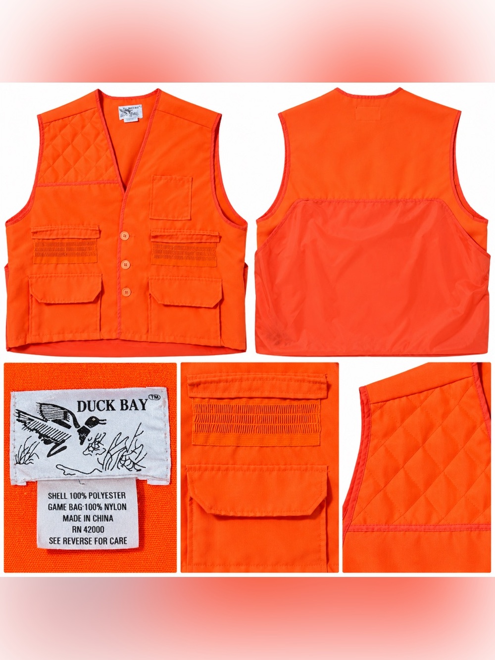 Duck Bay Menβs Large Blaze Orange Hunting Game Vest Multi Pocket